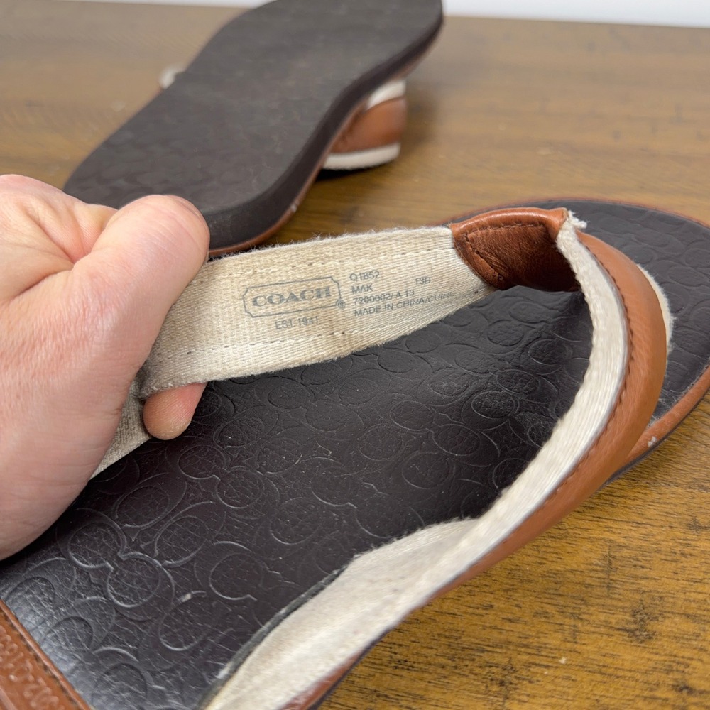 Coach Flip Flops Mens 13 Brown Leather‎ Canvas Signature Monogram Sandals - Picture 7 of 8